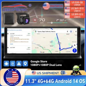 4GB+64GB 11.3 Inch Android 14 Dual Lens Dash cam Camera GPS Navigation Rearview Mirror Video Recording